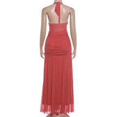 Deep V-Neck Halter Tie Up Corset Draped Waist Maxi Dress