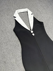 Black Contrast V Neck Button Bandage Maxi Dress