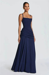 Square Neck Drape Waist Floor-Length Dress
