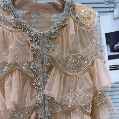 Ruffled Mesh Embellished Long Sleeve Top