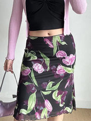 Floral Print Mesh Midi Skirt