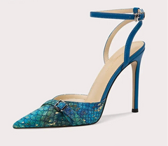 Blue high-heeled shoe with a patterned toe box on a white background