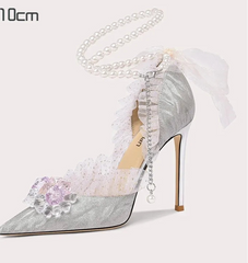 High-heeled shoe with decorative elements on a white background