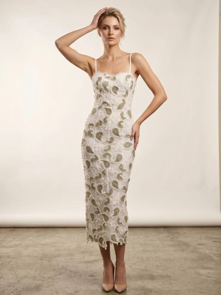 White green floral appliqué V-neck spaghetti strap midi dress detail.