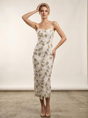 White green floral appliqué V-neck spaghetti strap midi dress detail.