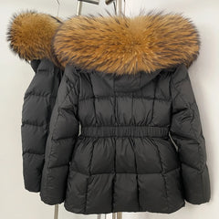 Black puffer jacket with a large fur hood