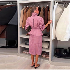 Pink Lapel Neck Belted Jacket with Slit Midi Skirt Two-Piece Set
