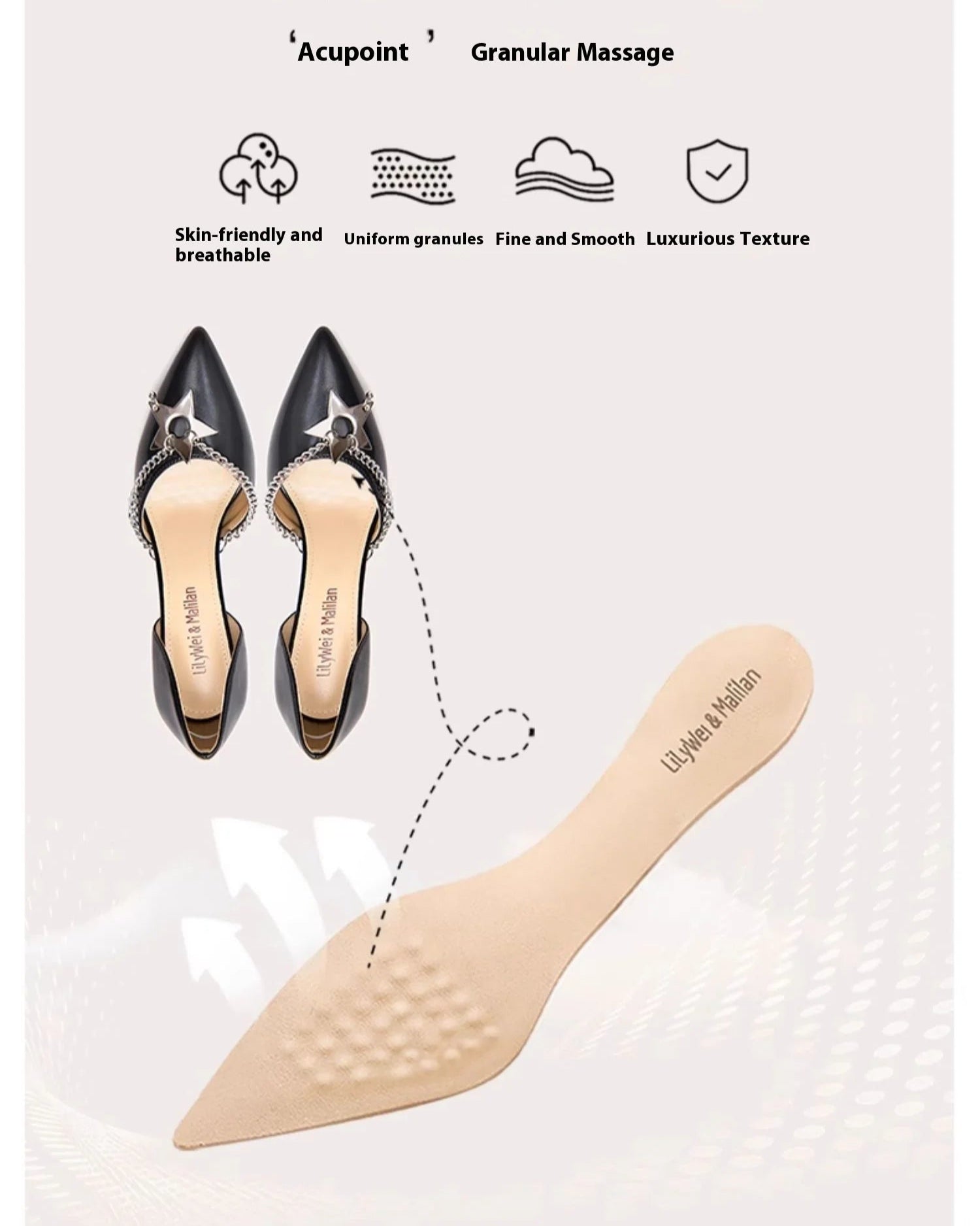 Foot pad with shoe illustrations and text on a white background