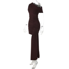 Brown off-shoulder dress on a mannequin against a white background