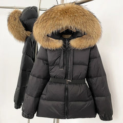 Black puffer jacket with fur hood on a white background