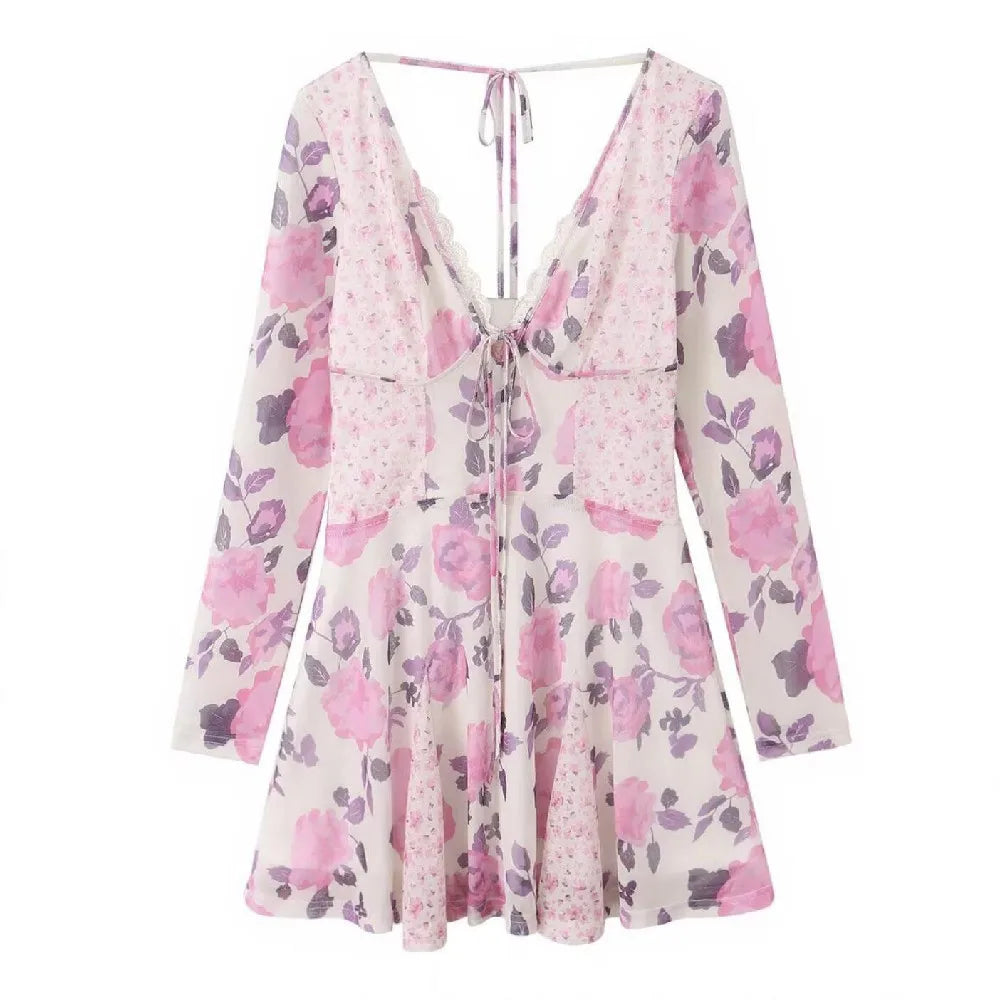 Floral print V-neck mesh mini dress