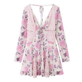 Floral print V-neck mesh mini dress