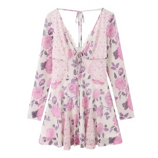 Floral print V-neck mesh mini dress