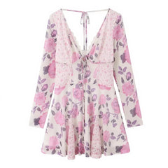 Floral print V-neck mesh mini dress