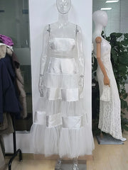 White Mesh Paneled O-Neck Sleeveless Maxi Dress