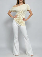 Diagonal collar asymmetrical top with short sleeves