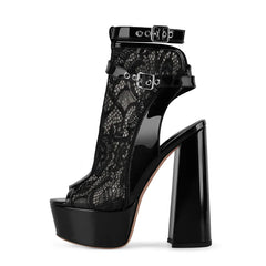 Lace Peep Toe Ankle Strap Platform Boots