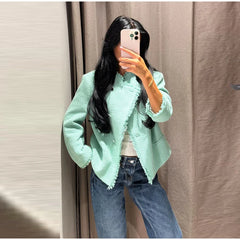 Textured Cropped Fringed Collar Jacket
