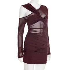 Maroon dress with sheer sleeves on a mannequin against a white background