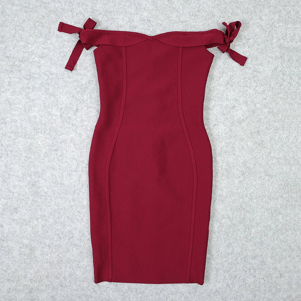 Red off-shoulder dress on a light gray background