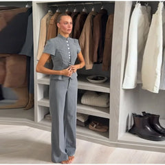 Short sleeve mandarin collar pinstripe fitted blazer and wide leg pants two-piece set