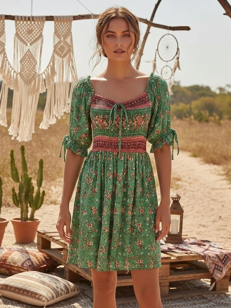 Green floral print mini dress with smocked empire waist and tie-front neckline