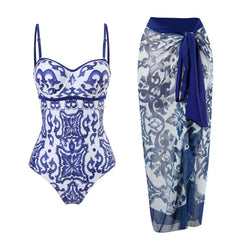 Bustier One-Piece Swimsuit and Wrap Skirt Set