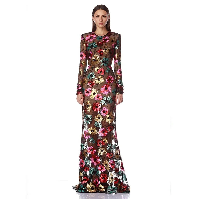Floral embroidered mesh trumpet dress front view