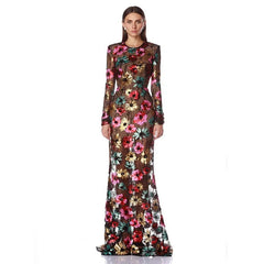 Floral embroidered mesh trumpet dress front view