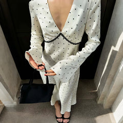 Satin Polka Dot Long Sleeve Midi Dress