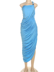 Blue one-shoulder dress on a mannequin against a white background
