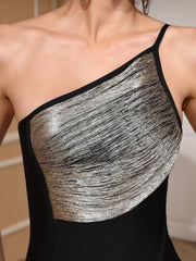 Black and silver one-shoulder dress with textured top