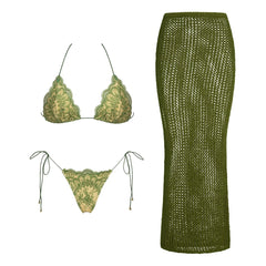 Lace trimmed bikini top and bottom with crochet maxi skirt