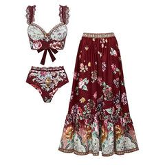 Lay flat display of burgundy floral print bikini set