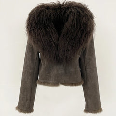 Brown suede jacket with fur collar on a white background