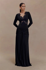 Black lace trim flare sleeve maxi dress