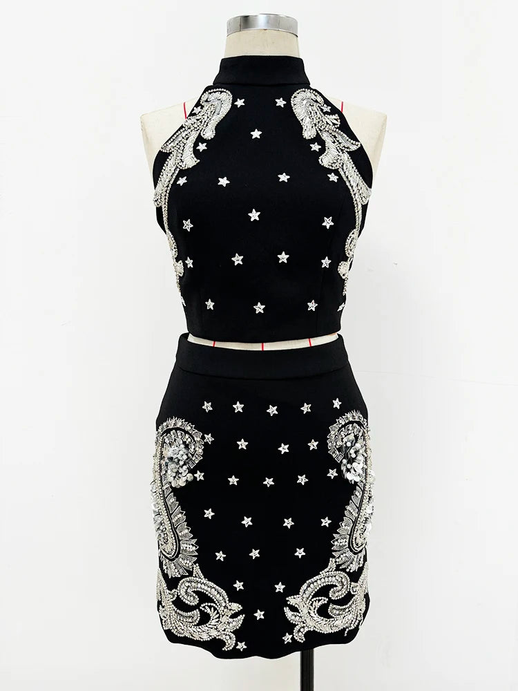 Beaded paisley halter neck crop top and mini skirt on mannequin