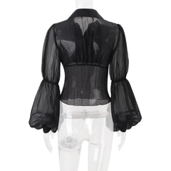 Black Turn Down Collar Sheer Lantern Sleeve Fitted Shirt