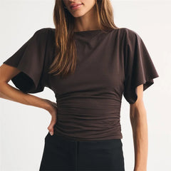 Boat neck dolman sleeve ruched waist cropped top in brown