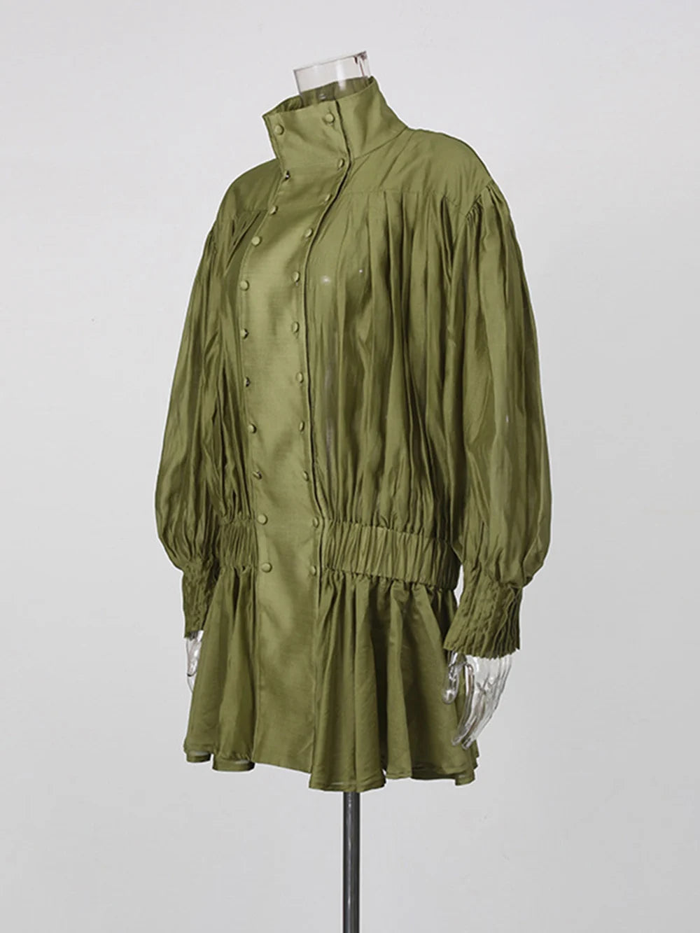 Olive green lantern sleeve mini dress on mannequin side view