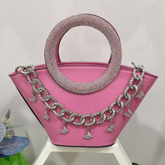 Pink crystal handle trapezoid tote bag with silver chain detail