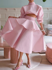Pink High Neck Top & Ruffle Midi Skirt Set – Elegant Two-Piece Spring Outfit