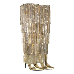 Pointed Toe Metallic Fringe Boots