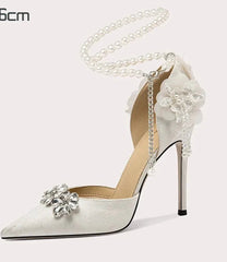 White Floral Pearl Anklet Heels | Crystal Flower Stiletto Sandals