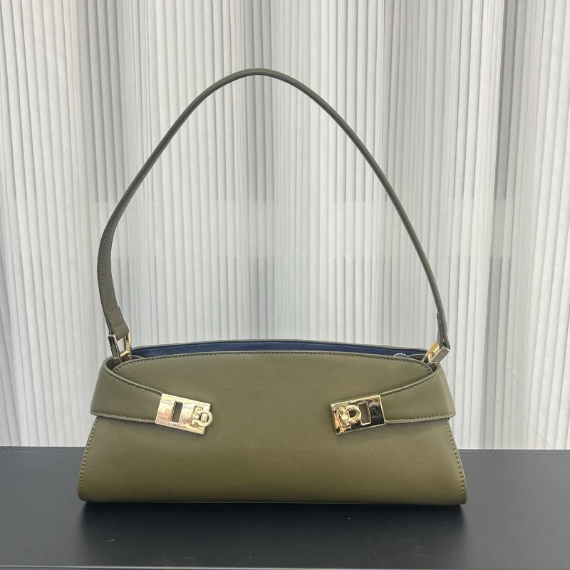 Olive green leather shoulder bag with gold lock detail