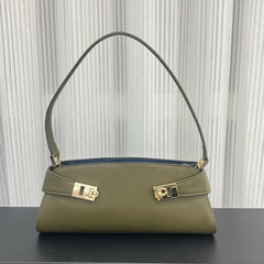 Olive green leather shoulder bag with gold lock detail