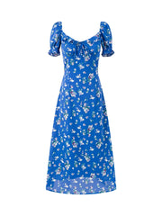 Blue floral print midi dress with square neckline and puff sleeves