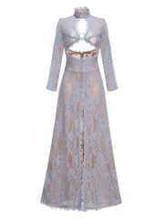 Lace Mock Neck Cutout Long Sleeve Maxi Dress
