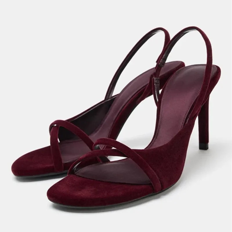 Burgundy velvet cross strap stiletto heel