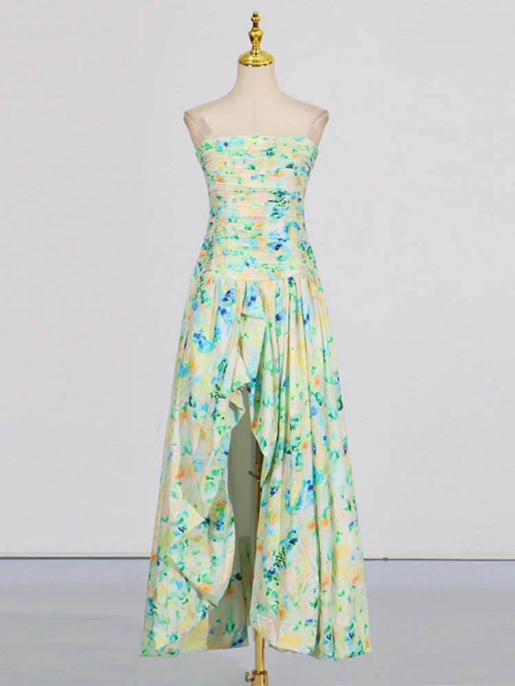 Floral strapless jumpsuit on a mannequin against a plain background